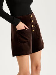 Velvet Mid-Waist Button-Front Shorts