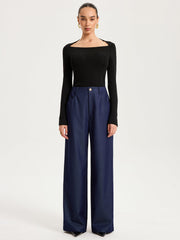 High-Waisted Wide-Leg Faux Denim Pants