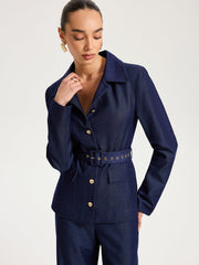 Belted Metal Button Faux Denim Blazer