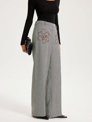 Houndstooth Embroidered Straight-Leg Pants