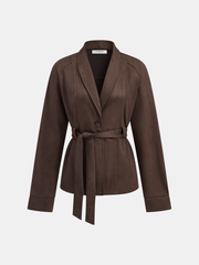 Suede Effect Belted Shawl Collar Jacket