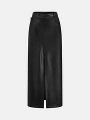 Asymmetric Faux Leather Midi Skirt
