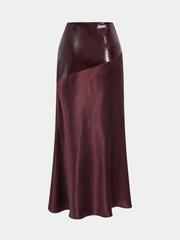 Faux Leather Panel Asymmetric Satin Maxi Skirt