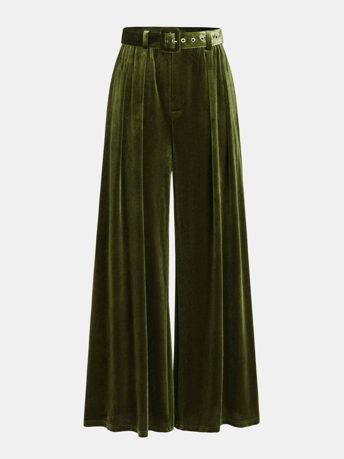 Belted Pleated Velvet Wide-Leg Pants