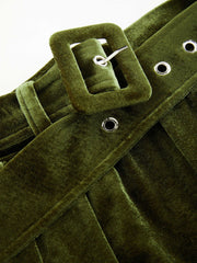 Belted Pleated Velvet Wide-Leg Pants