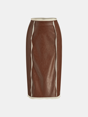 Contrast Piping Faux Leather Midi Skirt