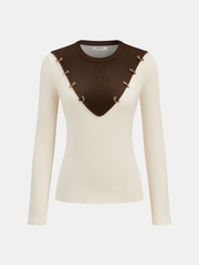 Metal Detail Color-Block Long Sleeve Knit Top