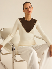 Metal Detail Color-Block Long Sleeve Knit Top