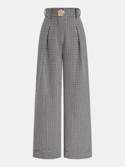 Houndstooth Pleated Buttoned Wide Leg Pants