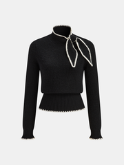 Mock Neck Tie Neck Contrast Stitch Sweater
