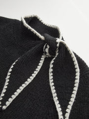 Mock Neck Tie Neck Contrast Stitch Sweater