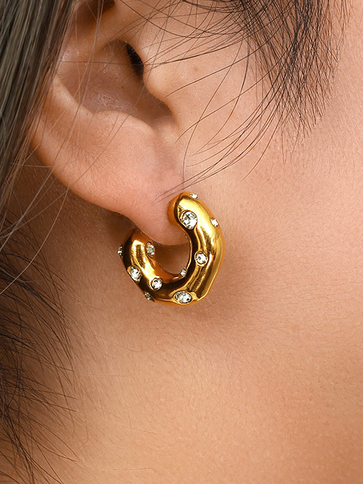 Irregular Hoop Earrings with Crystal Embellishments