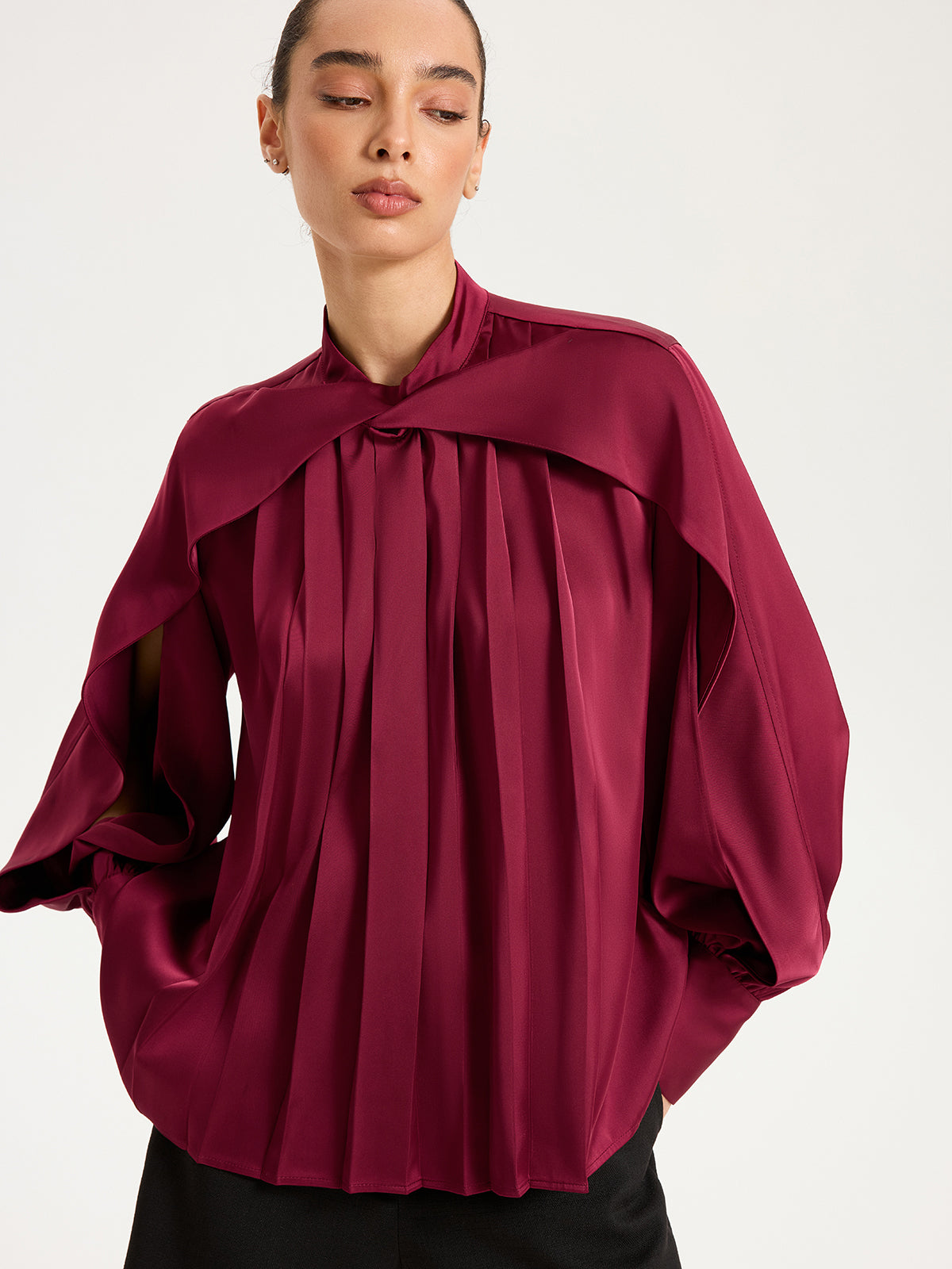Satin Pleated Blouse with Cut-Out Sleeve
