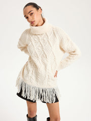 Fringe Hem Cable-Knit Turtleneck Sweater