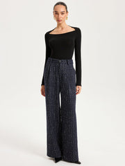 Mid-Waist Tweed Sequin Wide-Leg Pants