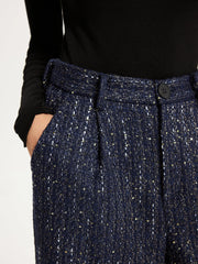 Mid-Waist Tweed Sequin Wide-Leg Pants