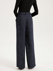 Mid-Waist Tweed Sequin Wide-Leg Pants