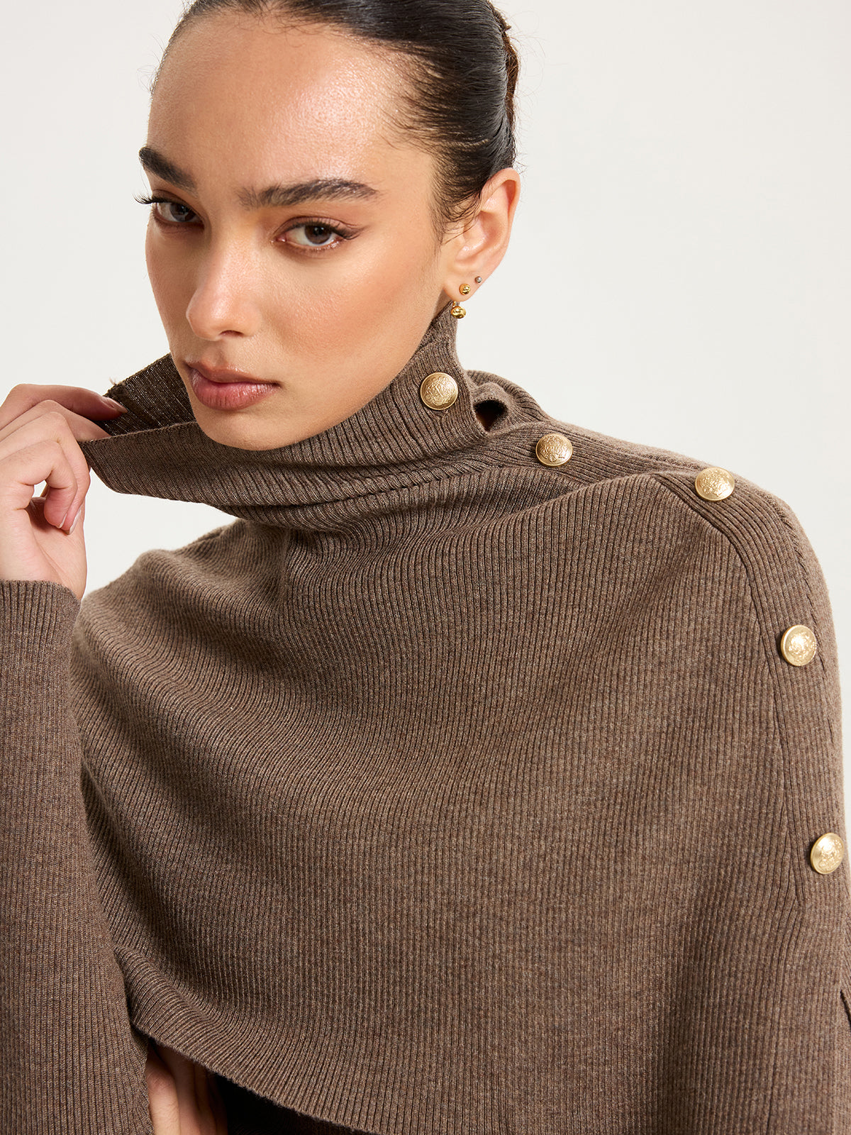 Ribbed Knit Top & Turtleneck Shawl Two-Piece Set