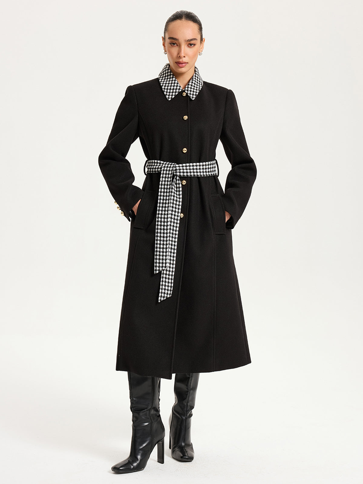 Belted Houndstooth Collar Long Coat