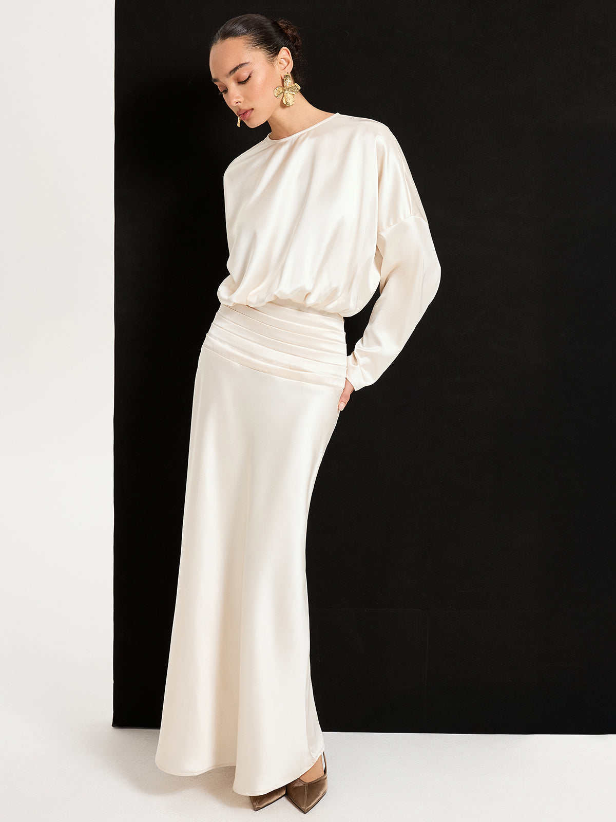 Satin Long Sleeve Pleated Waist Maxi Dress