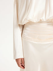 Satin Long Sleeve Pleated Waist Maxi Dress