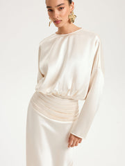 Satin Long Sleeve Pleated Waist Maxi Dress