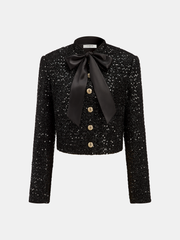 Bow Detail Sequined Tweed Cropped Jacket
