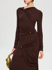 Metal Detail Long Sleeve Draped Maxi Dress