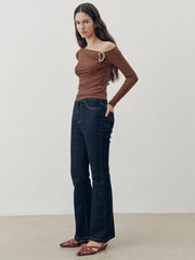 Off-Shoulder Fitted Ruched Long Sleeve Top