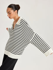 Striped Polo V-Neck Knit Top