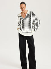 Striped Polo V-Neck Knit Top