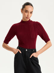 Shoulder Button Mock Neck Short Sleeve Sweater