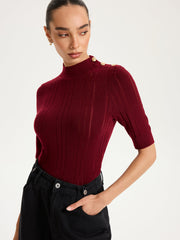 Shoulder Button Mock Neck Short Sleeve Sweater