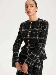 Tweed Plaid Metal-Button Blazer