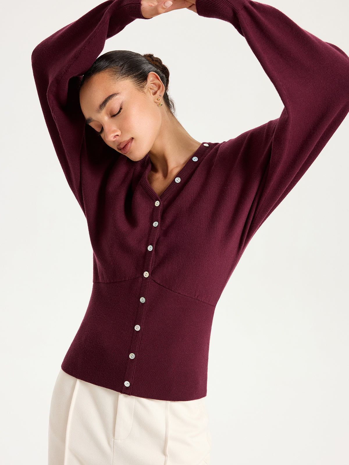 V-Neck Long Sleeve Waist-Cinched Buttoned Cardigan