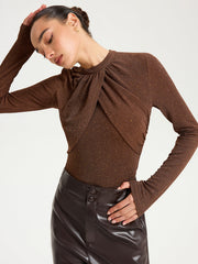 Draped Cross-Front Glitter Knit Top