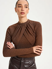 Draped Cross-Front Glitter Knit Top