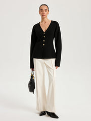 Wool-Blend V-Neck Button Cardigan