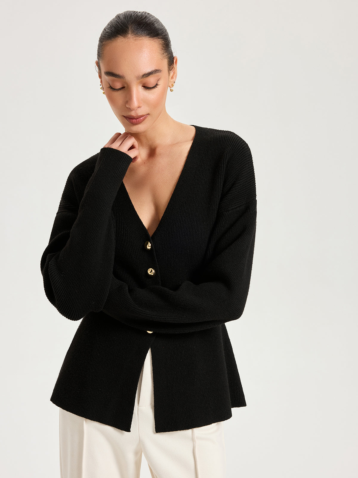 Wool-Blend V-Neck Button Cardigan