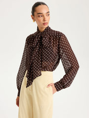 Semi-Sheer Polka Dot Chiffon Bow Blouse