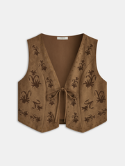 Suede Effect Embroidered Tie-Front Vest