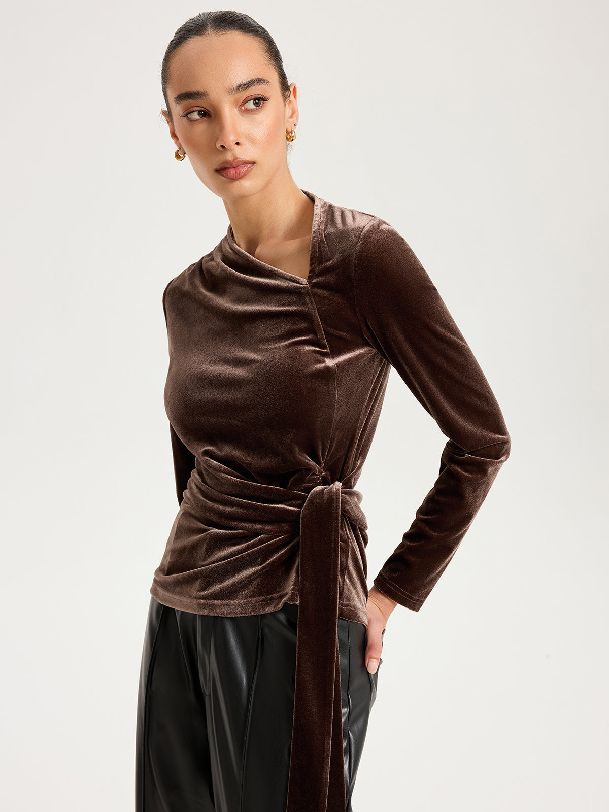 Long Sleeve Knot-Tie Velvet Asymmetric Top