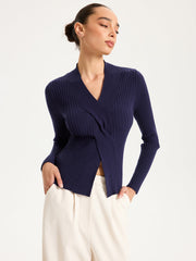 Twisted V-Neck Ribbed Knit Top