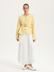 Tweed Belted Button-Front Blazer