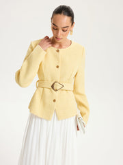 Tweed Belted Button-Front Blazer