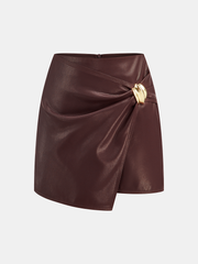 Metal Buckle Asymmetric Faux Leather Mini Skirt
