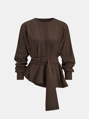 Belted Pinstripe Asymmetric Blouse