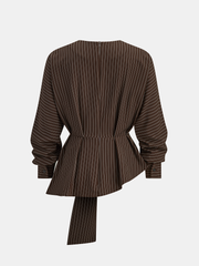 Belted Pinstripe Asymmetric Blouse