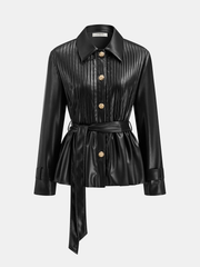 Belted Faux Leather Textured Jacket