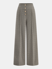 High-Waist Button Detail Plaid Wide-Leg Pants